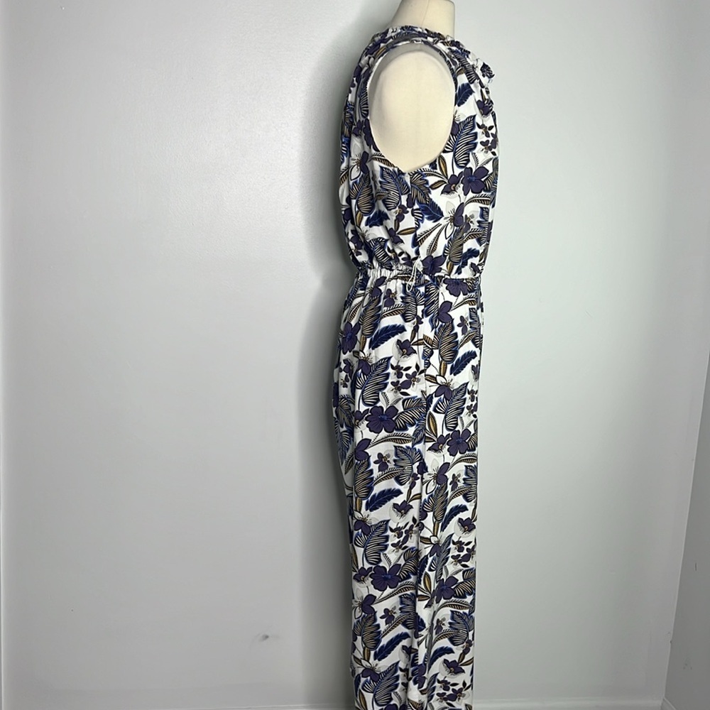 LOFT Purple linen tropical floral print Ruffle Neck Jumpsuit Wide Leg large - Picture 6 of 11